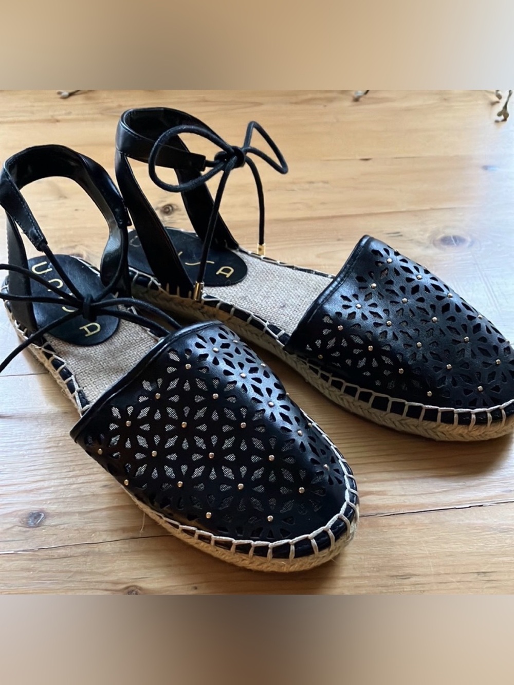 2/$30 Unisa Flat Ankle Tie Espadrille Laser Cut Floral Design Tiny Gold Rivets